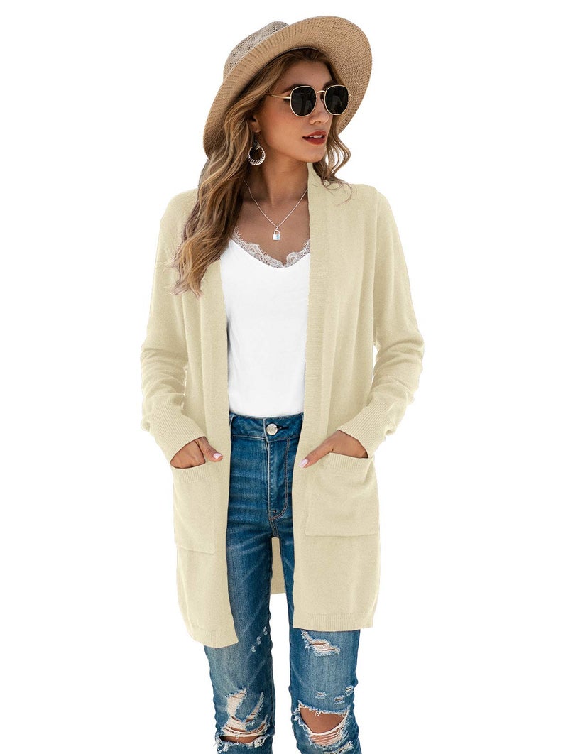 TASAMO Women's Long Sleeve Soft Sweater Open Front Cardigan Outwear with Pockets (Medium,Beige) - Image 5